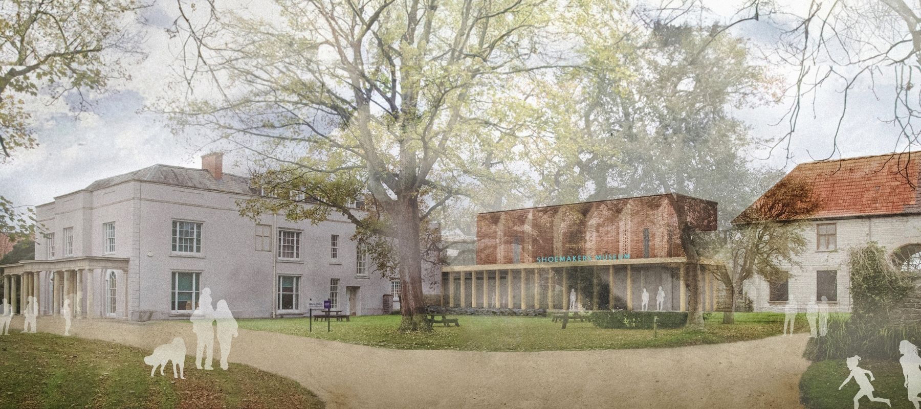 An illustration of the new Shoemakers Museum building which is made of three buildings in a row a georgian house, a new brick building and a medieval stone barn. There are trees in the garden outside the museum