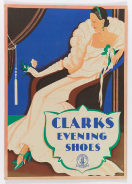 Advertising for shoes showing clarks evening shoes. An illustration of a seated woman in a glamourous dress wearing green elegant shoes. from 1931.