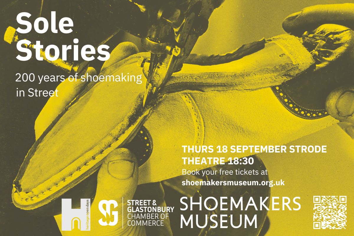 Image of shoe being machine-stitched with details of Soul Stories talk at Strode College 18 Sept 2025 6-8pm. Tickets available at Shoemakers Museum website