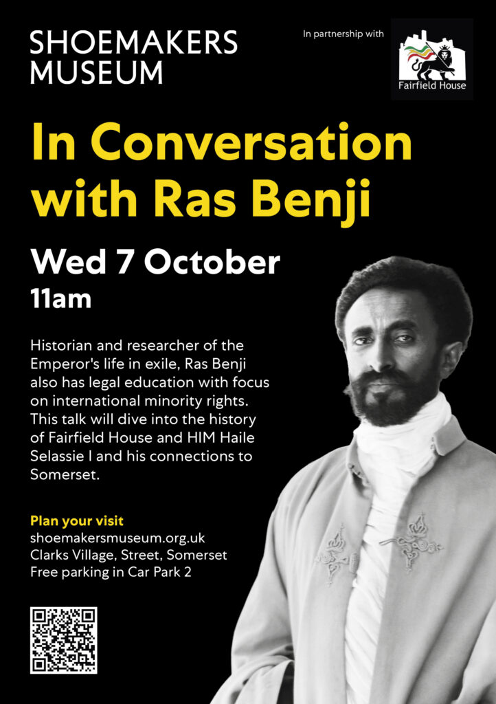 flyer about the talk by Ras Benji on the Emperor Haile Selassi's excile in Somerset.